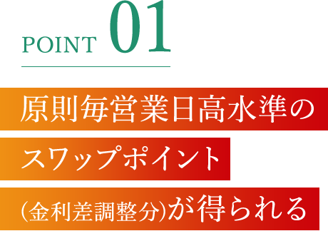 POINT 01 原則毎営業日高水準のスワップポイント(金利差調整分)が得られる