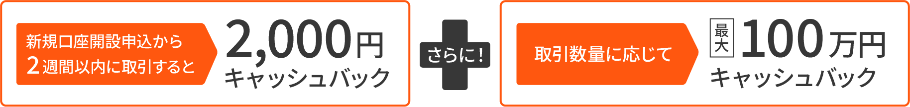 新規口座開設申込から2週間以内に取引すると2,000円キャッシュバック さらに! 取引数量に応じて最大100万円キャッシュバック