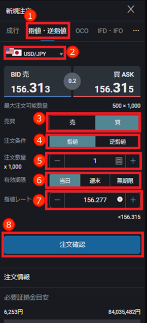 PWT操作ガイド_D3 指値・逆指値 新規注文パネルの「指値・逆指値」をクリックする