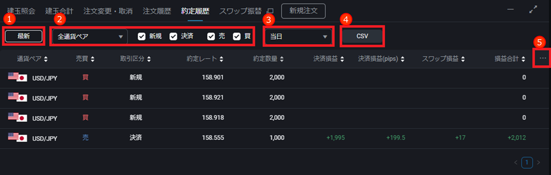 PWT操作ガイド_I3 約定履歴画面 絞込条件や表示項目の設定、CSVファイルへの出力ができる