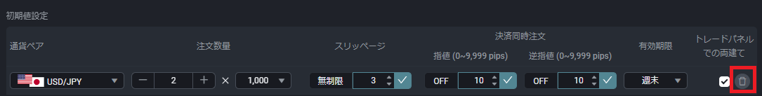 PWT操作ガイド_L2 初期値設定を削除する場合は、右側の「ゴミ箱アイコン」をクリックする