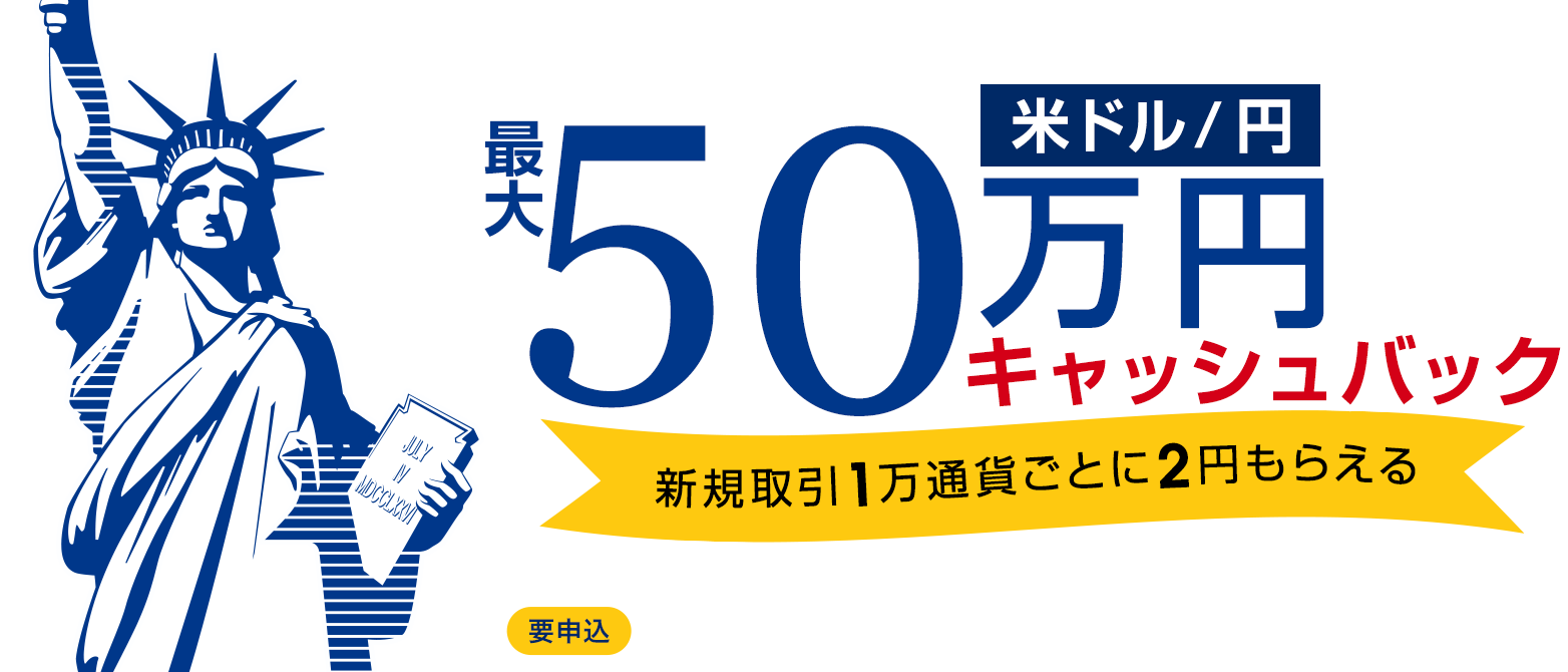 米ドル/円の新規取引で最大500,000円キャッシュバック