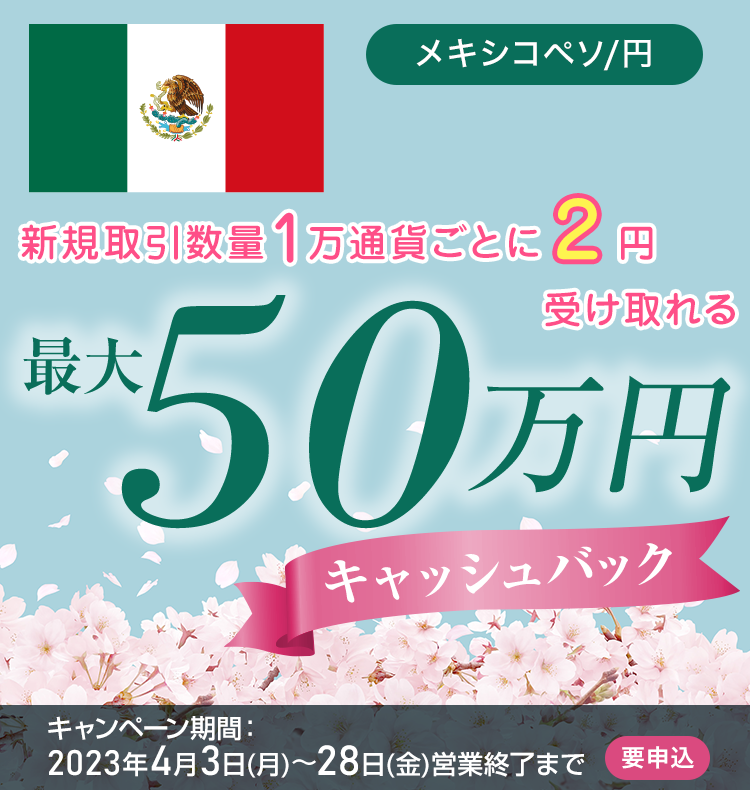 メキシコペソ/円の新規取引で最大500,000円キャッシュバック