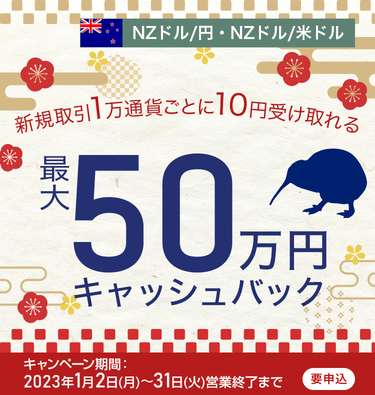 NZドル/円とNZドル/米ドルの新規取引で最大500,000円キャッシュバック