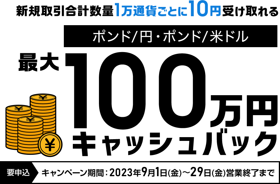 ポンド/円・ポンド/米ドルの新規取引で最大1,000,000円キャッシュバック