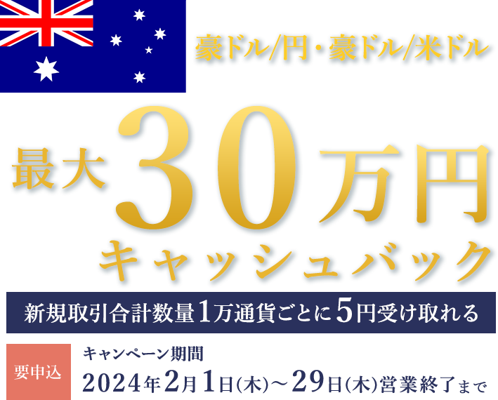 豪ドル/円・豪ドル/米ドルの新規取引合計数量で最大300,000円キャッシュバック