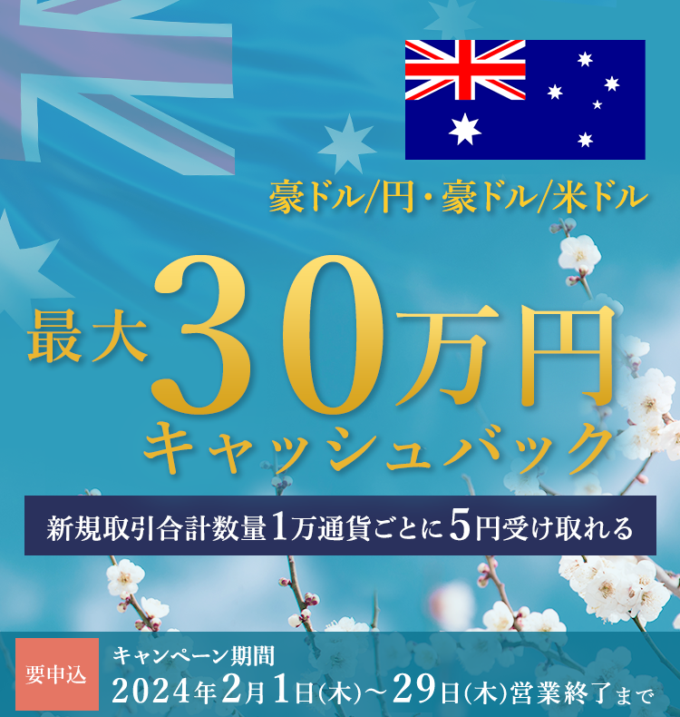 豪ドル/円・豪ドル/米ドルの新規取引合計数量で最大300,000円キャッシュバック