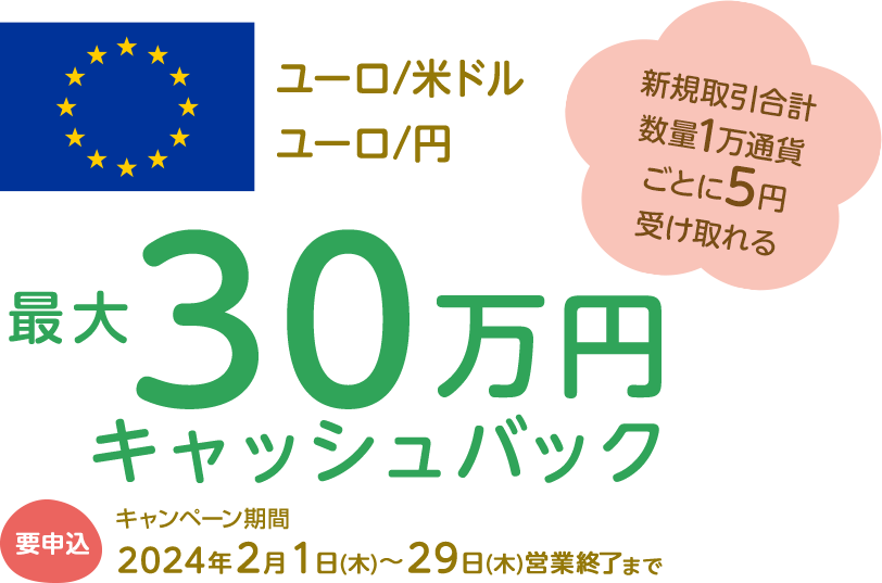 ユーロ/米ドル・ユーロ/円の新規取引合計数量で最大300,000円キャッシュバック