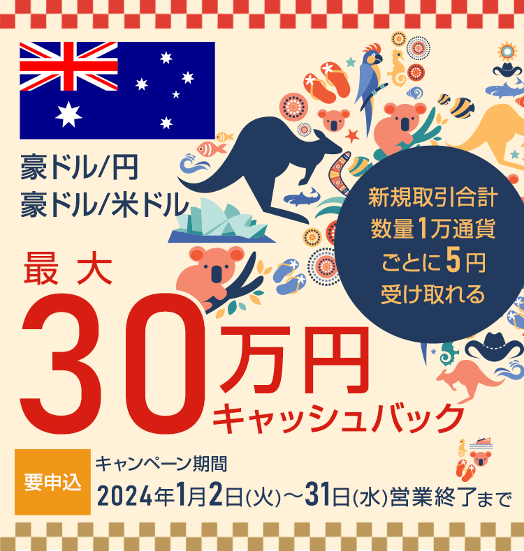 豪ドル/円・豪ドル/米ドルの新規取引合計数量で最大300,000円キャッシュバック