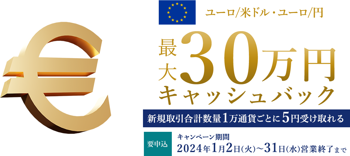 ユーロ/米ドル・ユーロ/円の新規取引合計数量で最大300,000円キャッシュバック