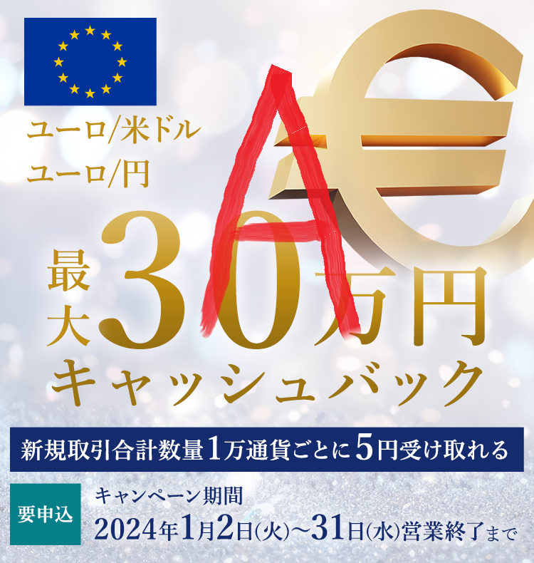 ユーロ/米ドル・ユーロ/円の新規取引合計数量で最大300,000円キャッシュバック