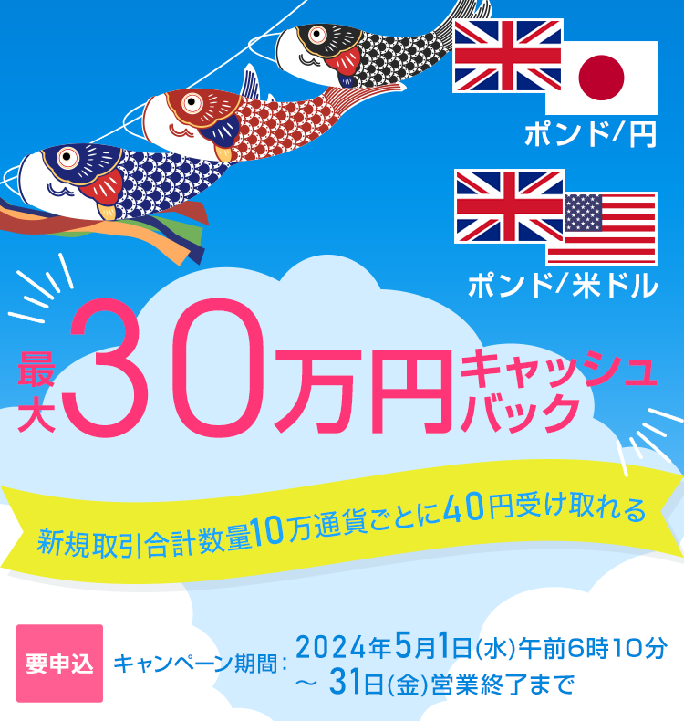 ポンド/円・ポンド/米ドルの新規取引合計数量で最大300,000円キャッシュバック