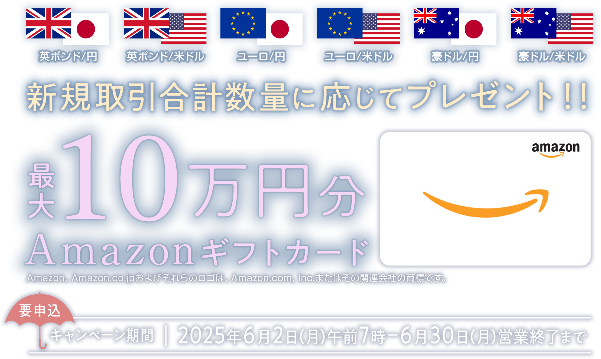 新規取引合計数量に応じてプレゼント！！最大10万円のAmazonギフトカード