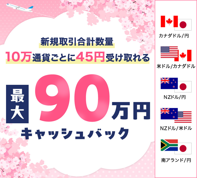 新規取引合計数量10万通貨ごとに45円受け取れる最大90万円キャッシュバックキャンペーン