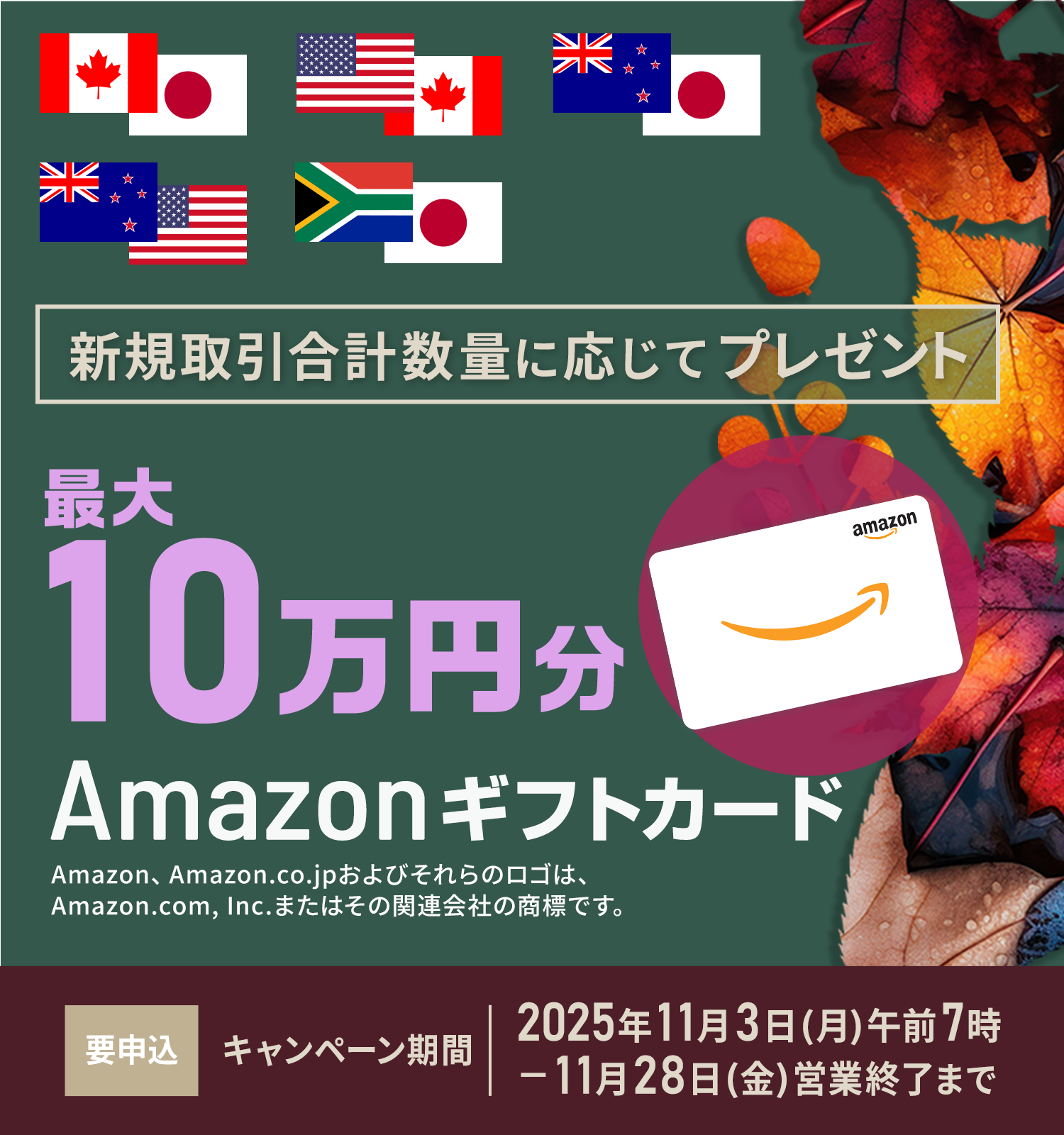 新規取引合計数量に応じてプレゼント!!最大10万円のAmazonギフトカード