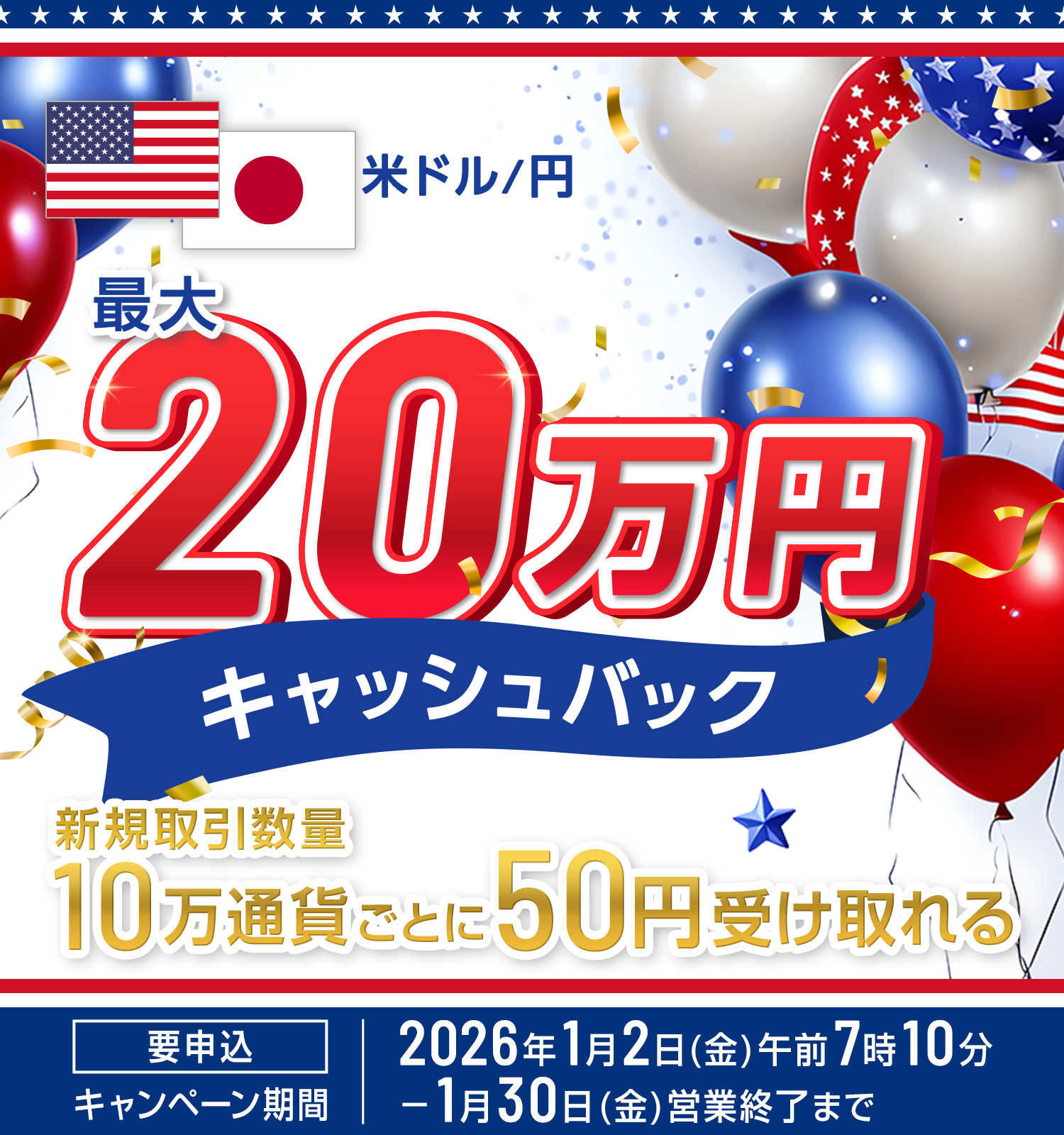 米ドル/円 最大20万円キャッシュバック