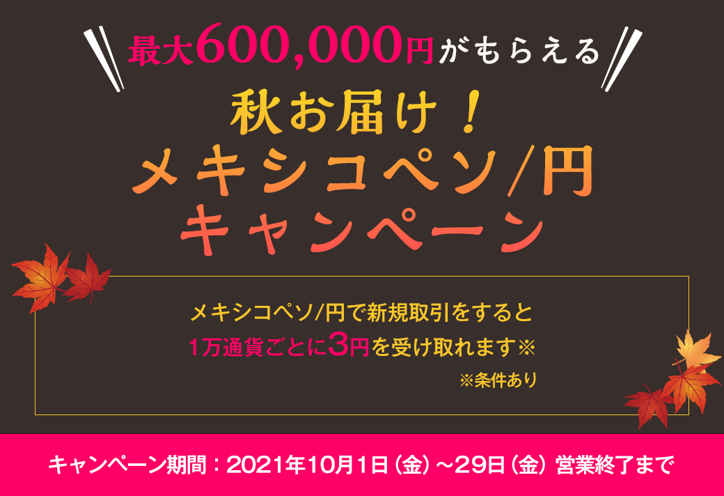 最大600,000円がもらえる 秋お届け！メキシコペソ/円キャンペーン